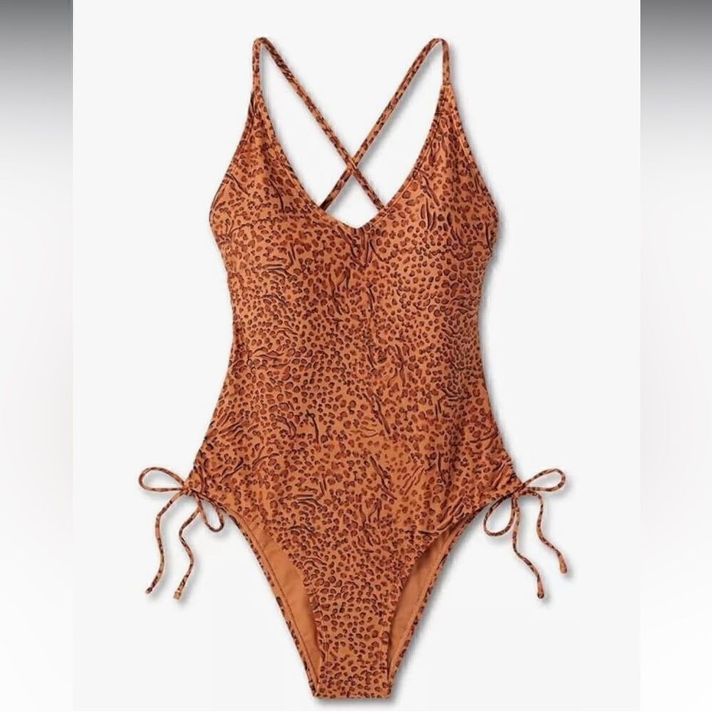 NWOT Shade & Shore One Piece Side Tie Plunge Leopard Print Swimsuit